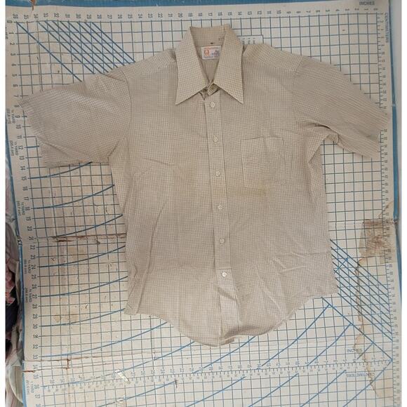 Manhattan 70s Beige Brown Check Woven Shirt Retro Button‑Up Vintage Casual - Picture 5 of 14